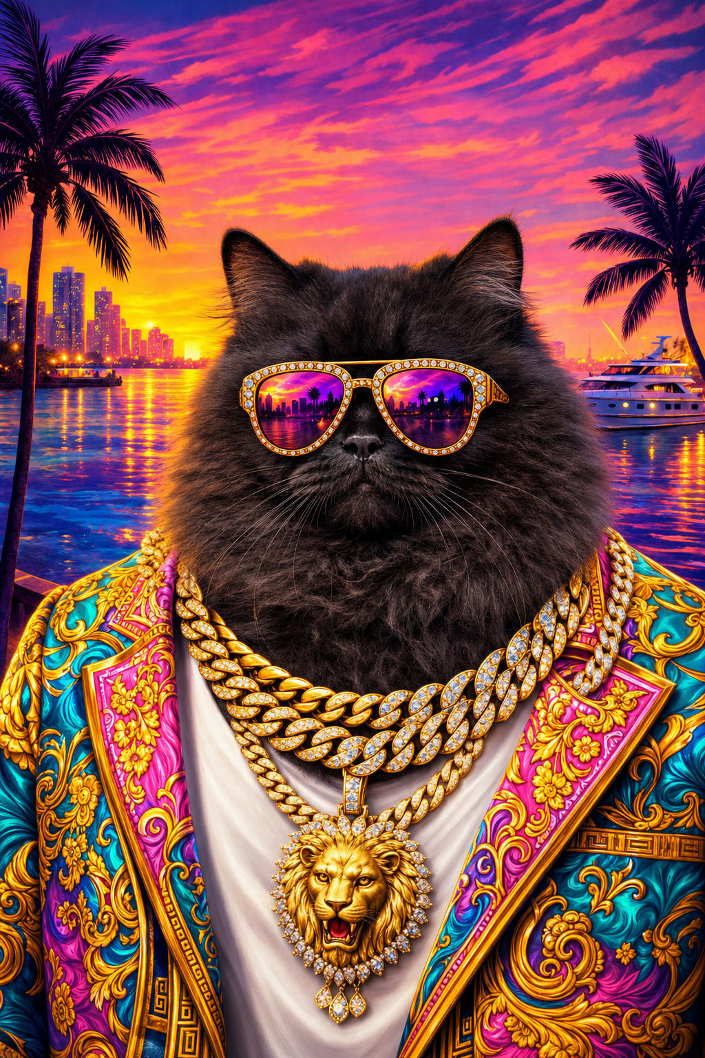 Framed Miami Vibes bling pet portrait canvas print ready to hang