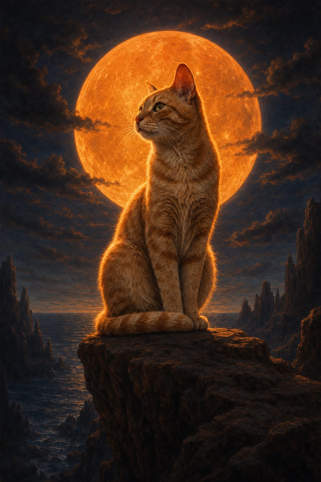 Oil painting pet portrait from photo in the Moonguard style with a glowing full moon