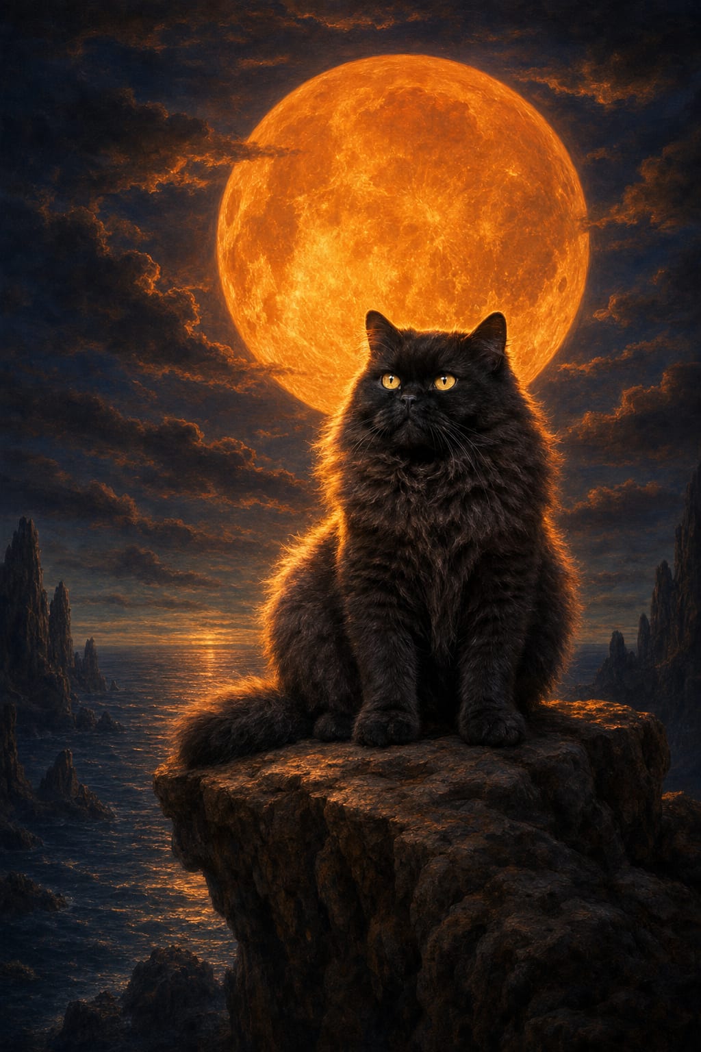 Full moon cat portrait with dark cloudy sky, framed and ready to hang