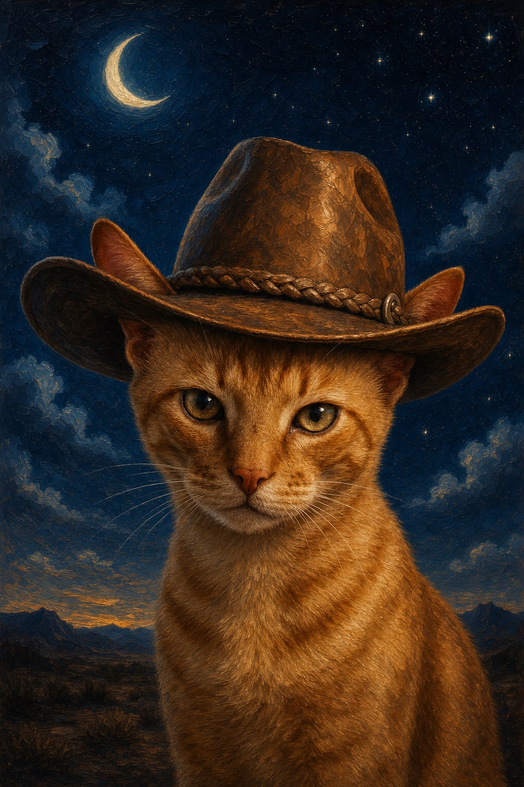 Dog in a cowboy hat portrait under a starry sky with a crescent moon