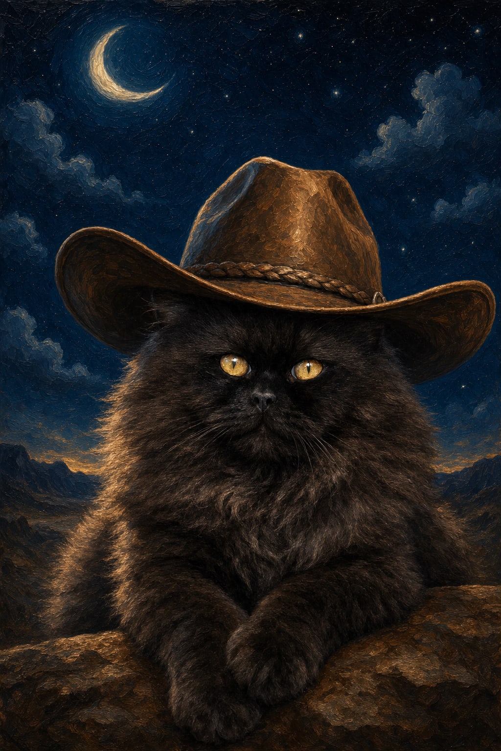 Custom pet portrait of a dog in a cowboy hat lit by moonlight