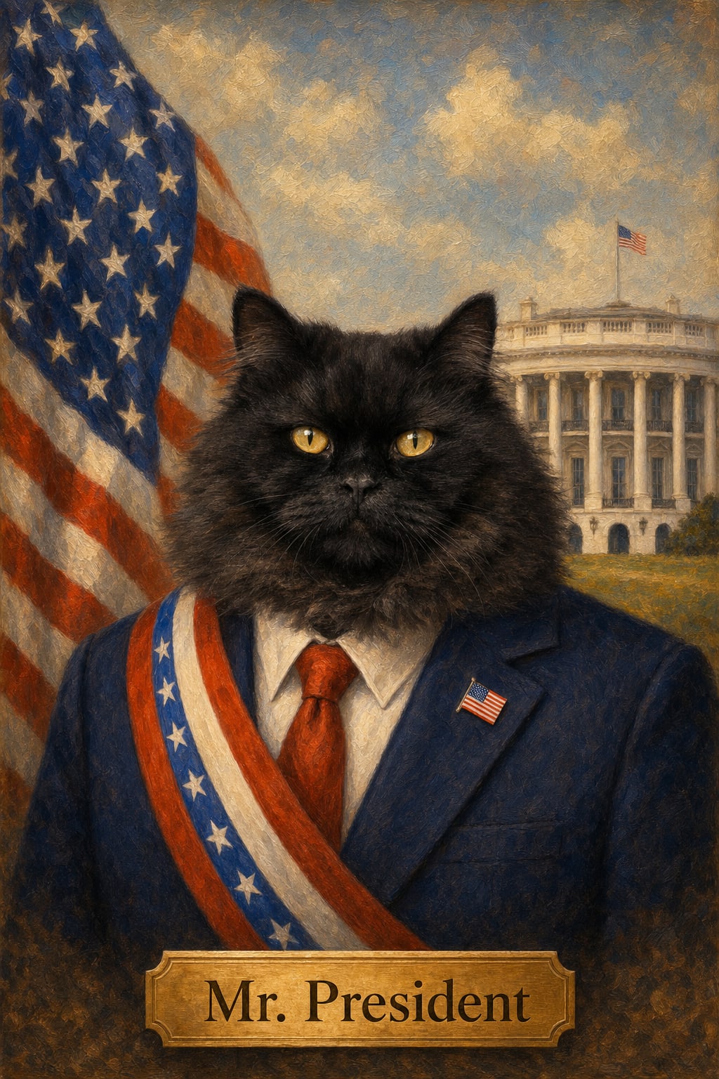 patriotic pet portrait in presidential oil painting style with the White House behind