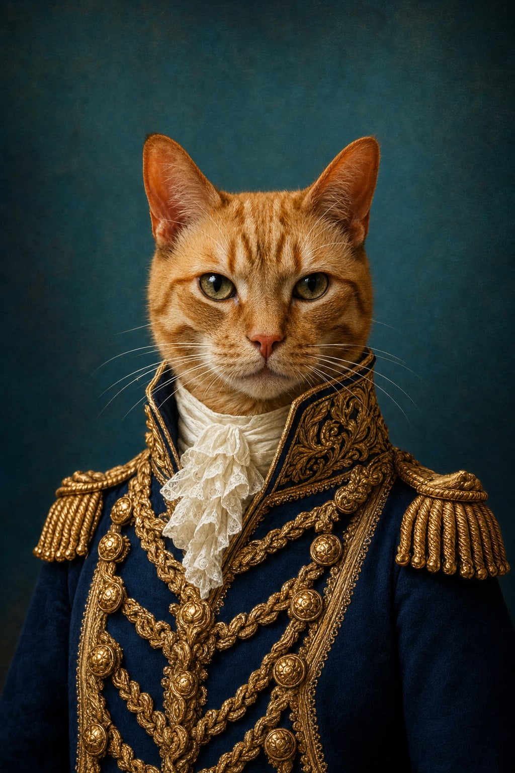 Napoleon pet portrait of a dog in a navy blue military coat with gold braid