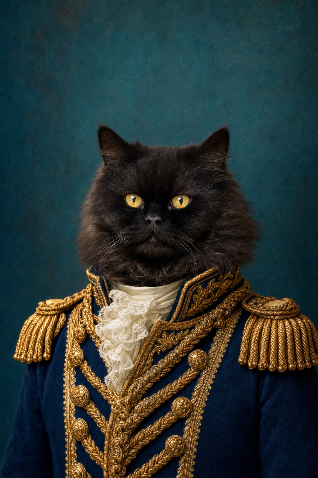 Napoleon dog portrait with dramatic lighting against a dark teal background
