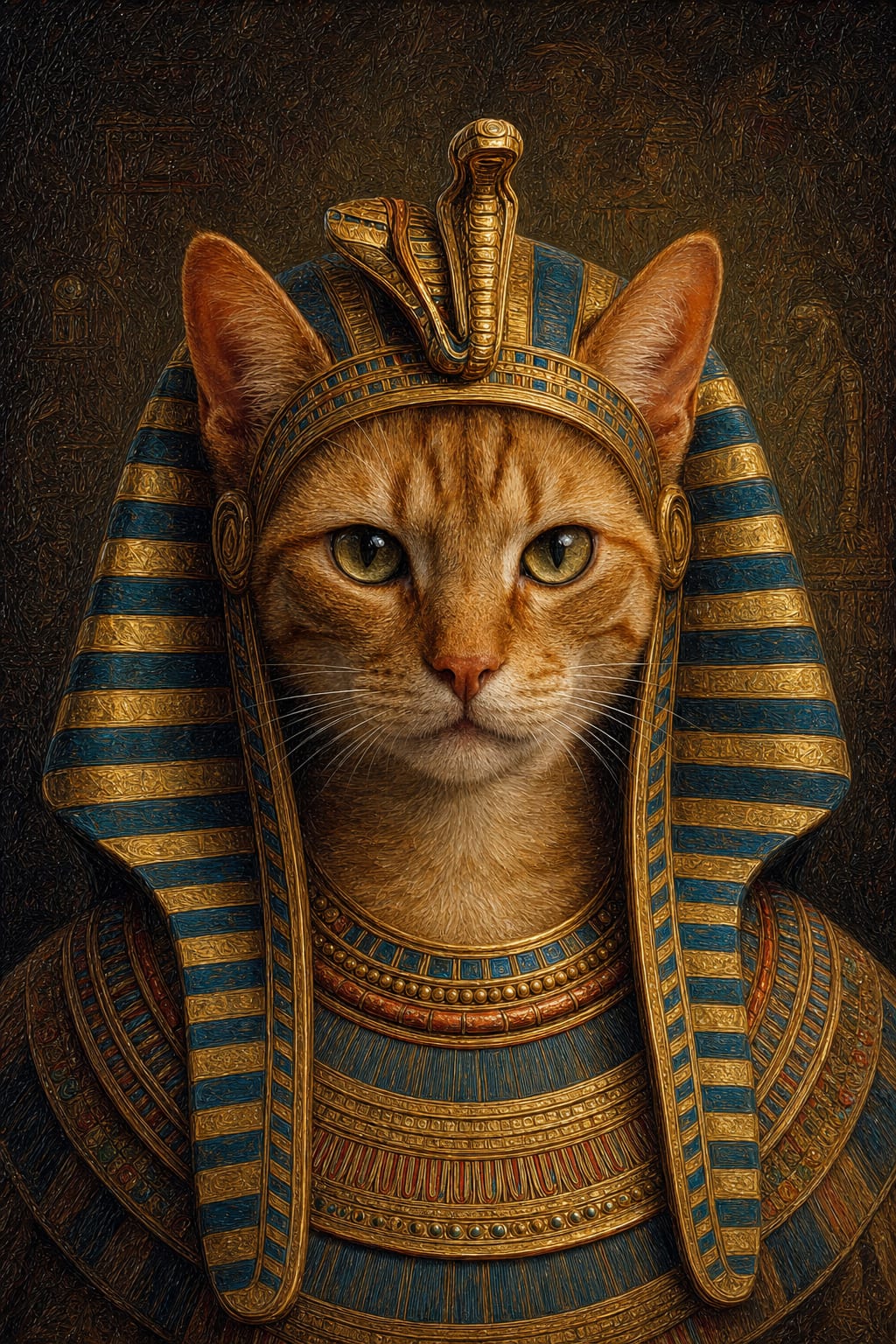 Pharaoh pet portrait of a cat in a nemes headdress and jeweled collar