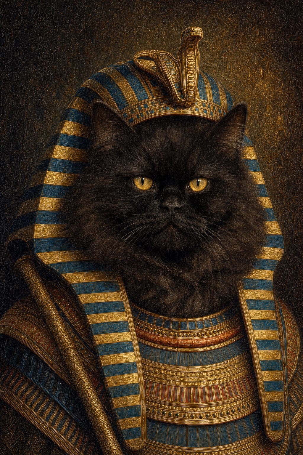 Custom AI Egyptian oil painting portrait of a pet with a broad jeweled collar