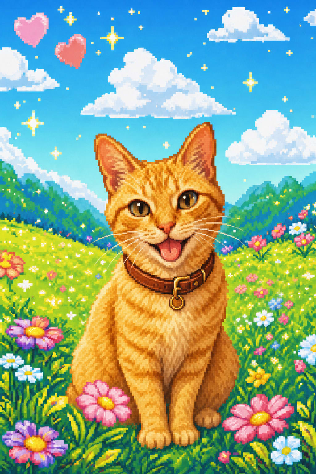 Pixel art pet portrait of a dog with visible pixel texture in a sunny wildflower garden