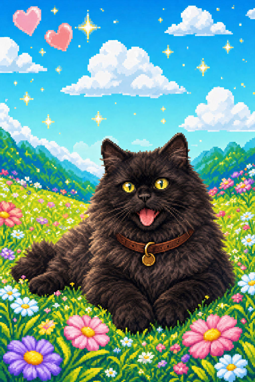 Retro pixel art pet portrait in warm vibrant colors, framed and ready to hang