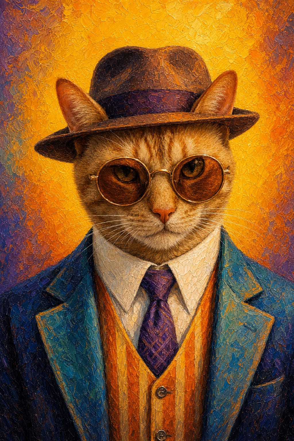 Impasto oil painting pet portrait of a dog as a 1970s tycoon in a fedora and amber sunglasses