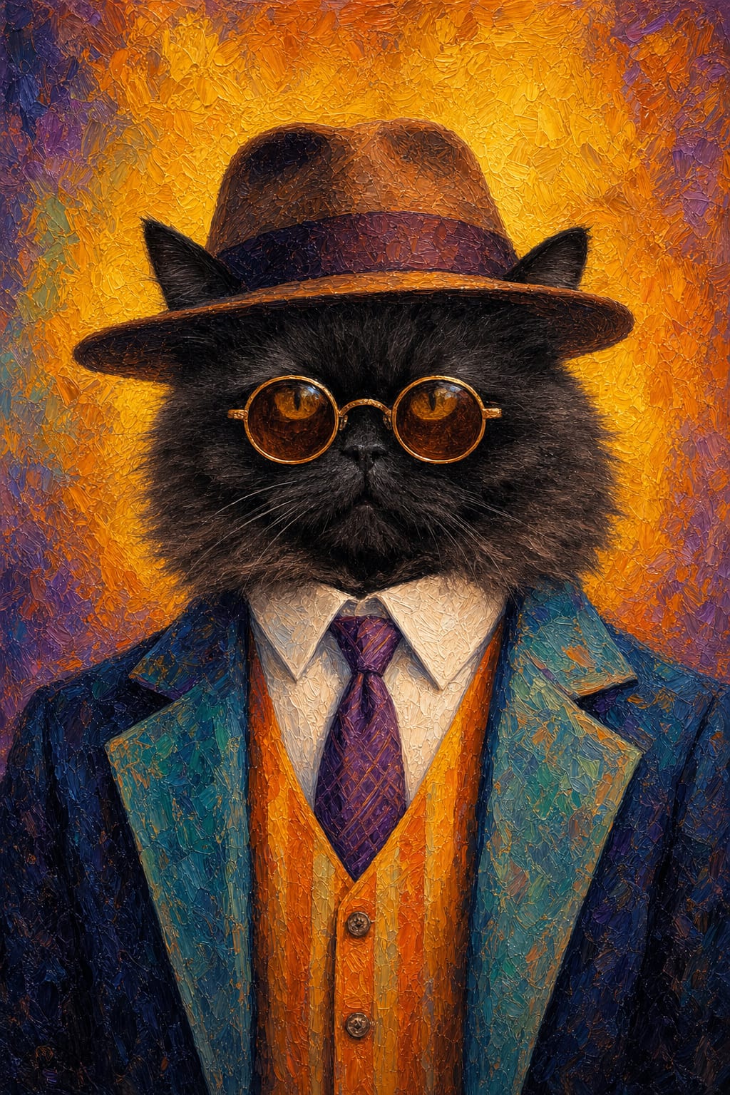 Framed retro tycoon impasto pet portrait canvas print ready to hang