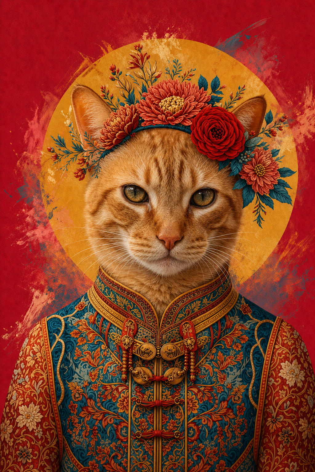 Japanese pet portrait of a cat in a floral-brocade robe with a golden sun halo on a crimson background