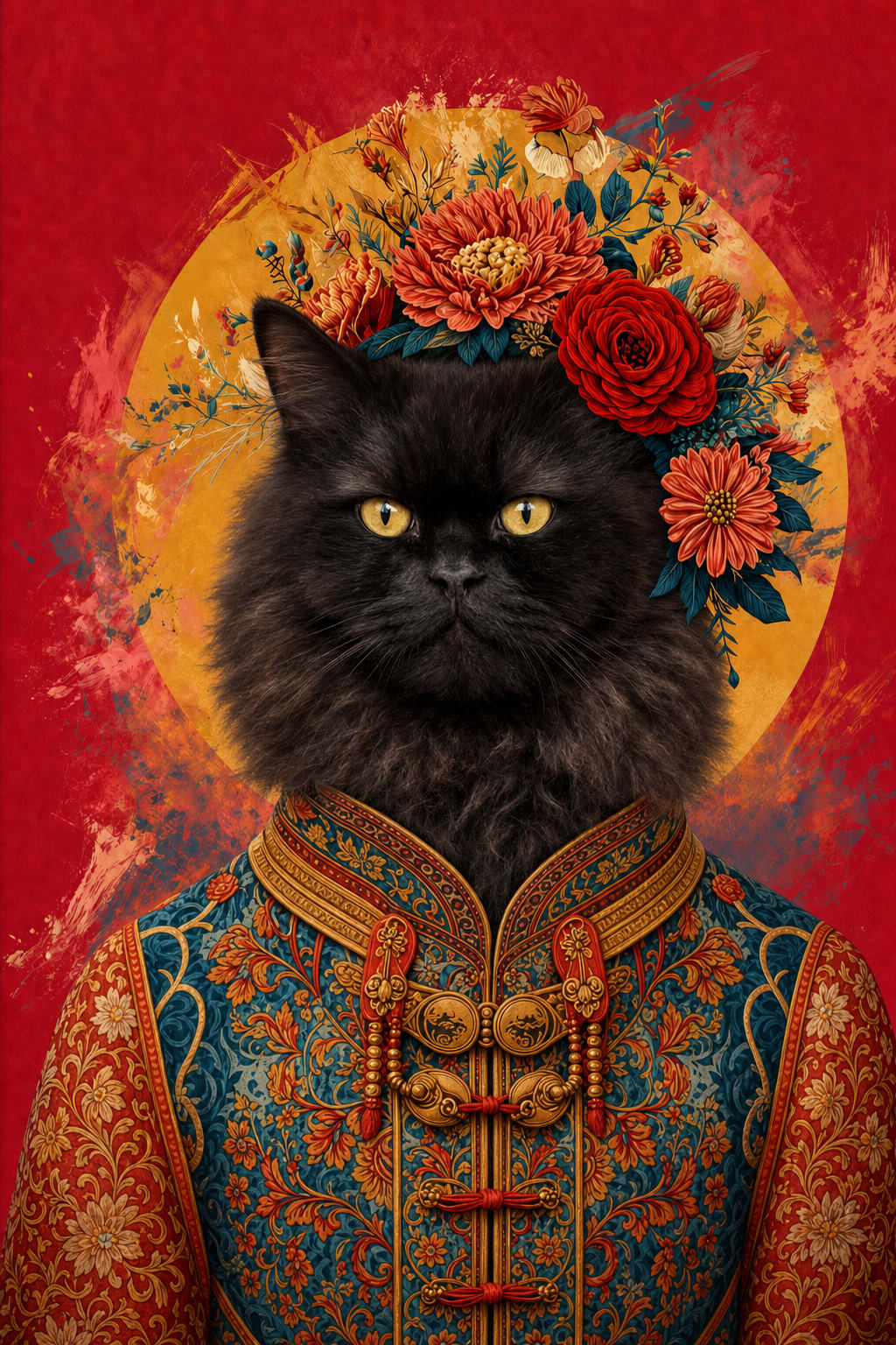 Custom Japanese ceremonial pet portrait made from one photo in deep red, blue, and gold jewel tones
