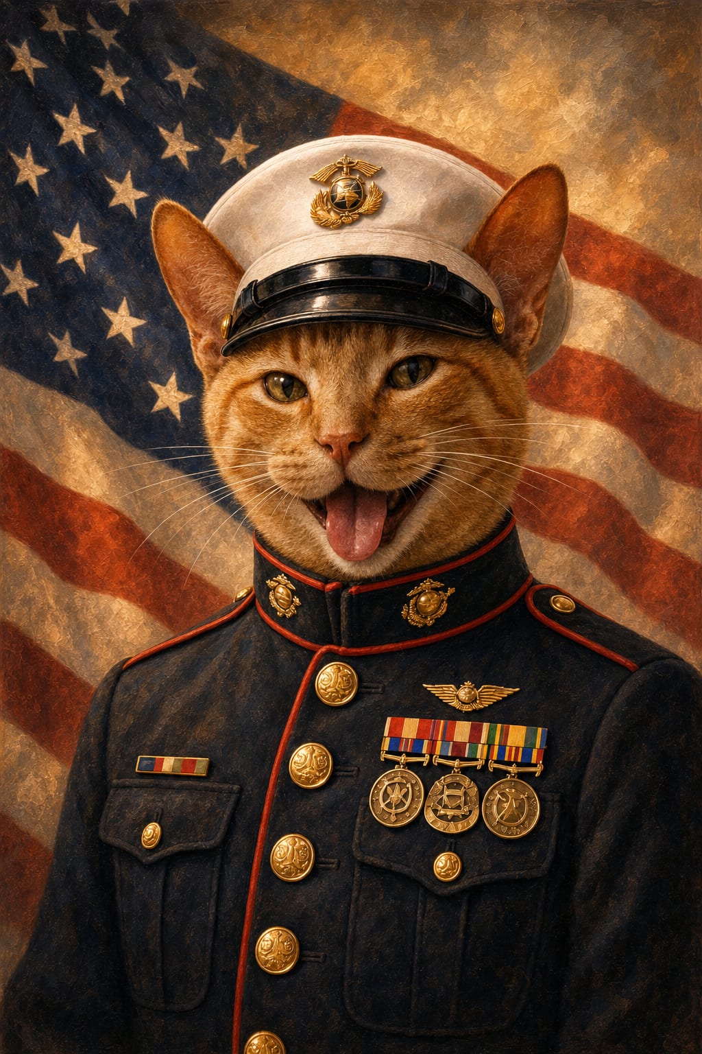 Dog in military uniform portrait of a dog in Marine dress blues on an American flag