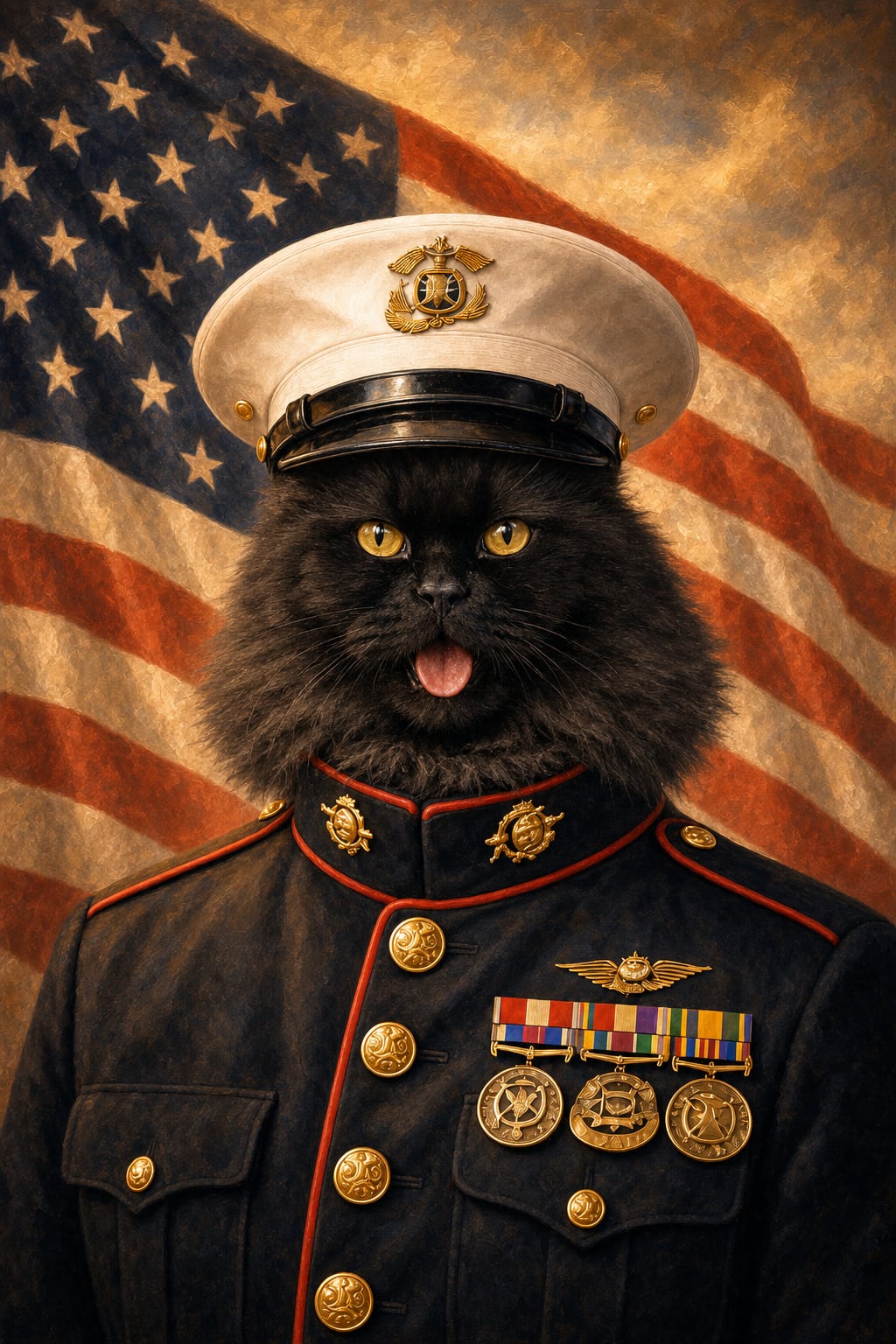 Patriotic dog portrait in Marine dress blues with medals, oil-painting style