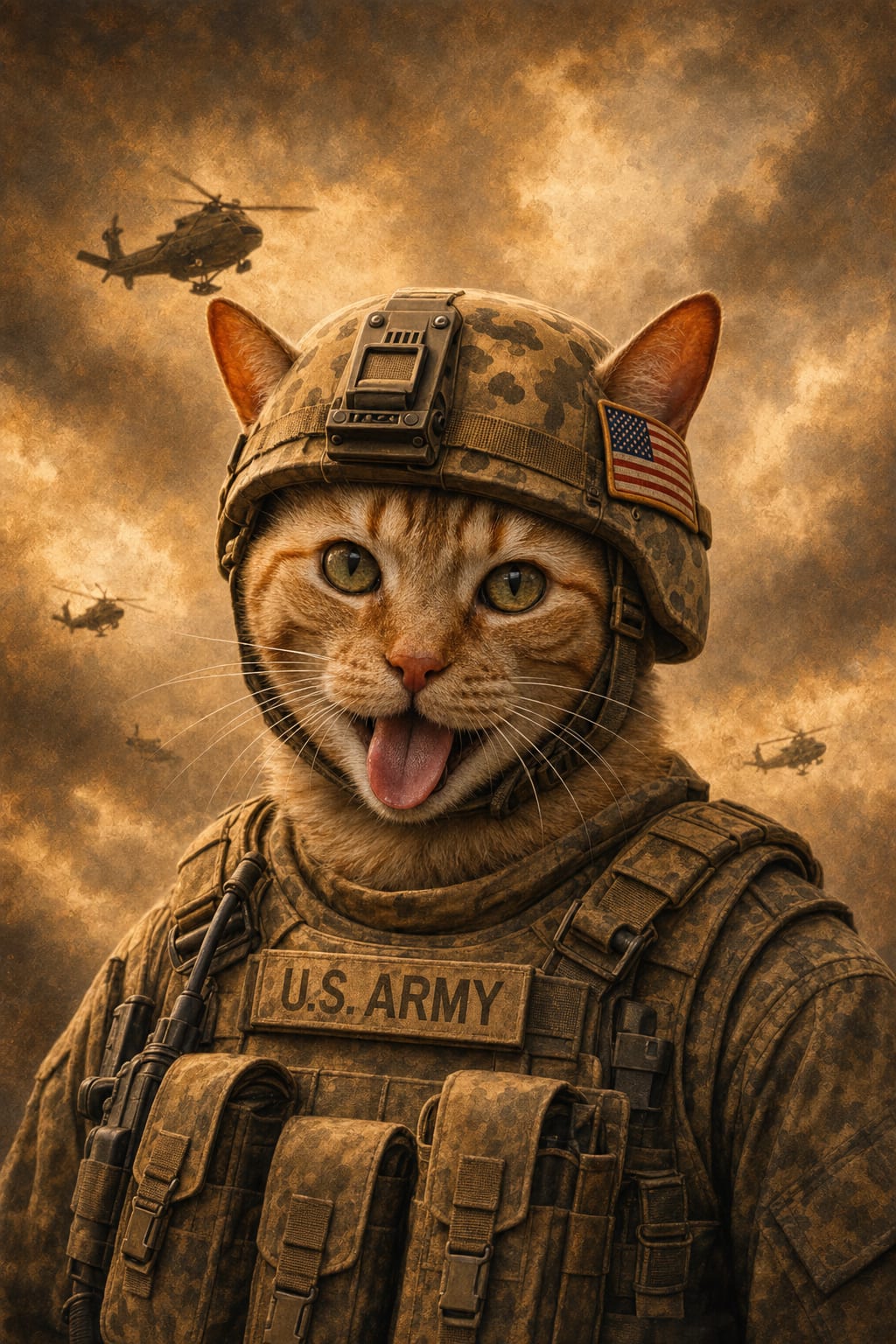 Army dog portrait of a pet as a U.S. Army soldier in a camo helmet and tactical vest