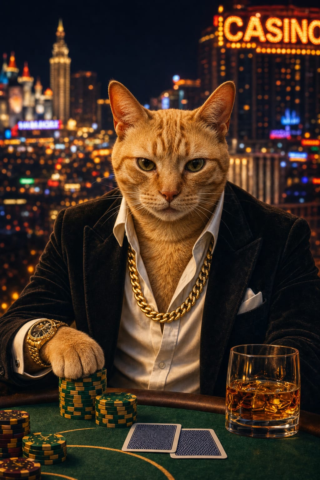 Dog in a suit casino pet portrait at a poker table with chips and a gold chain
