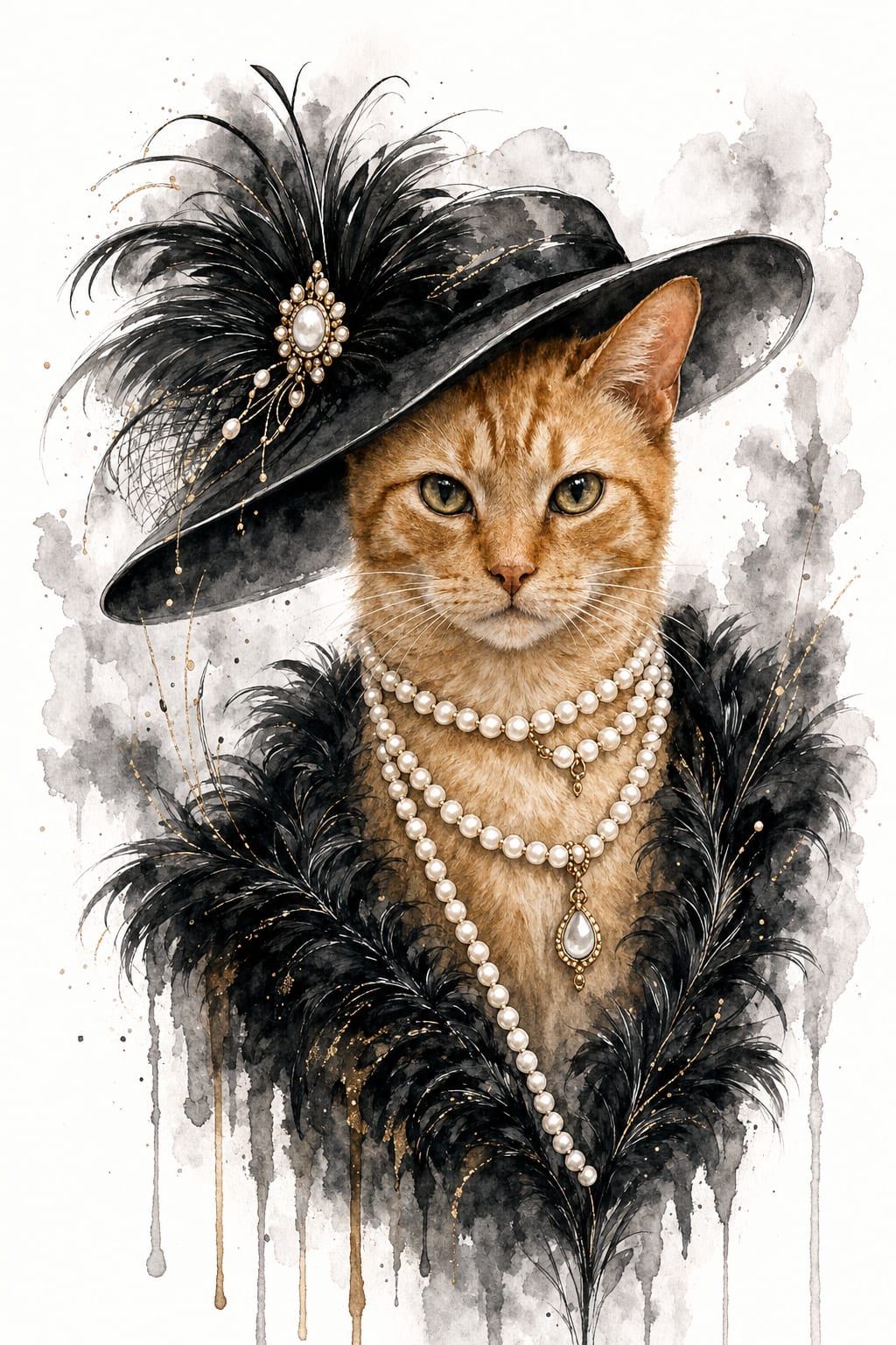 Glamour pet portrait of a cat as a 1920s Art Deco socialite in pearls and a feathered hat