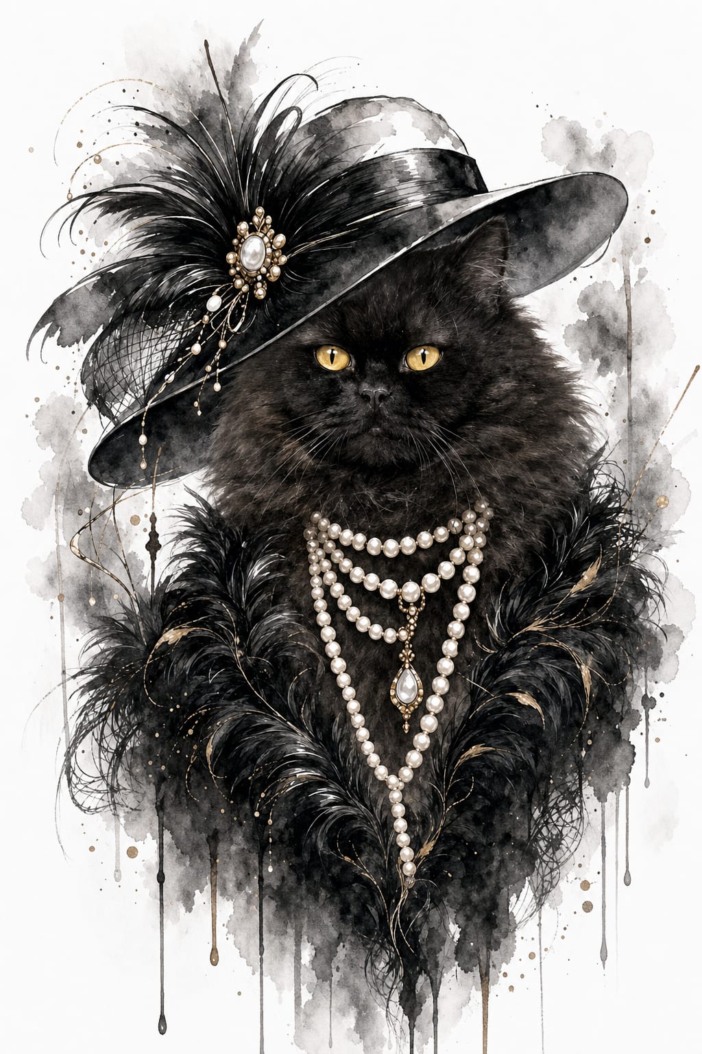 Art Deco pet portrait with layered pearls and a jeweled brooch in an ink wash style