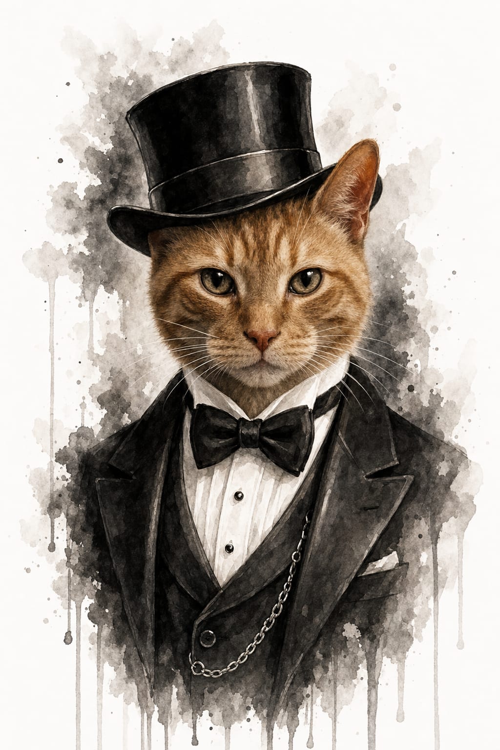 Gatsby pet portrait of a dog in a black top hat and tuxedo in ink wash watercolor