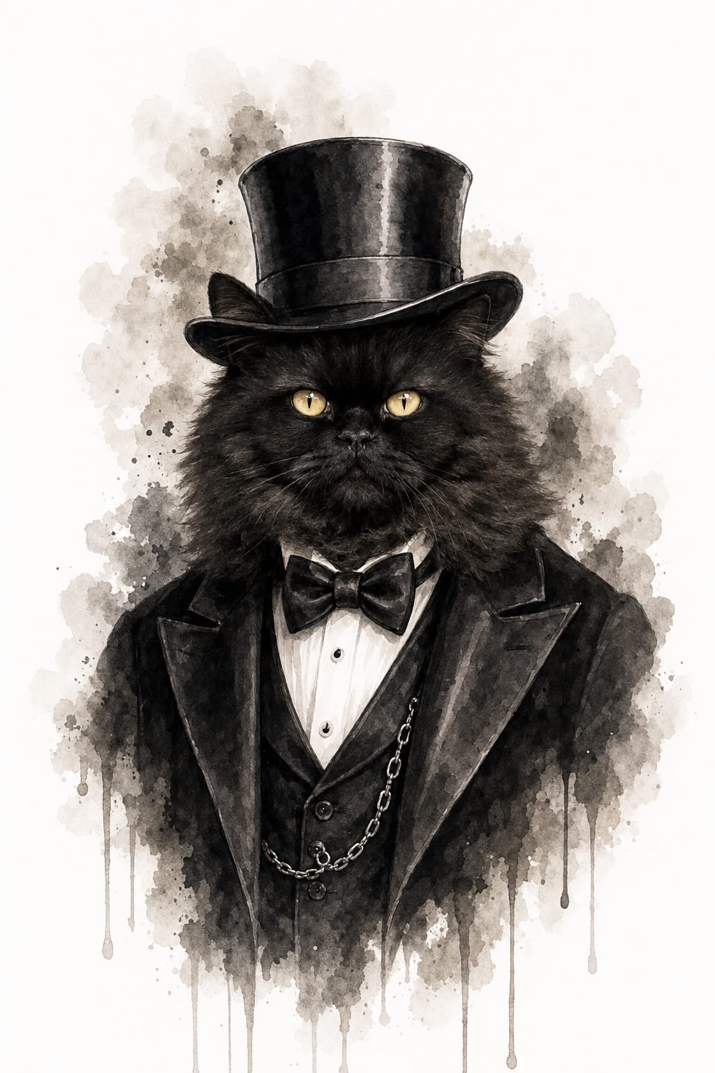Pet portrait with top hat and silver pocket watch chain in a loose ink wash style