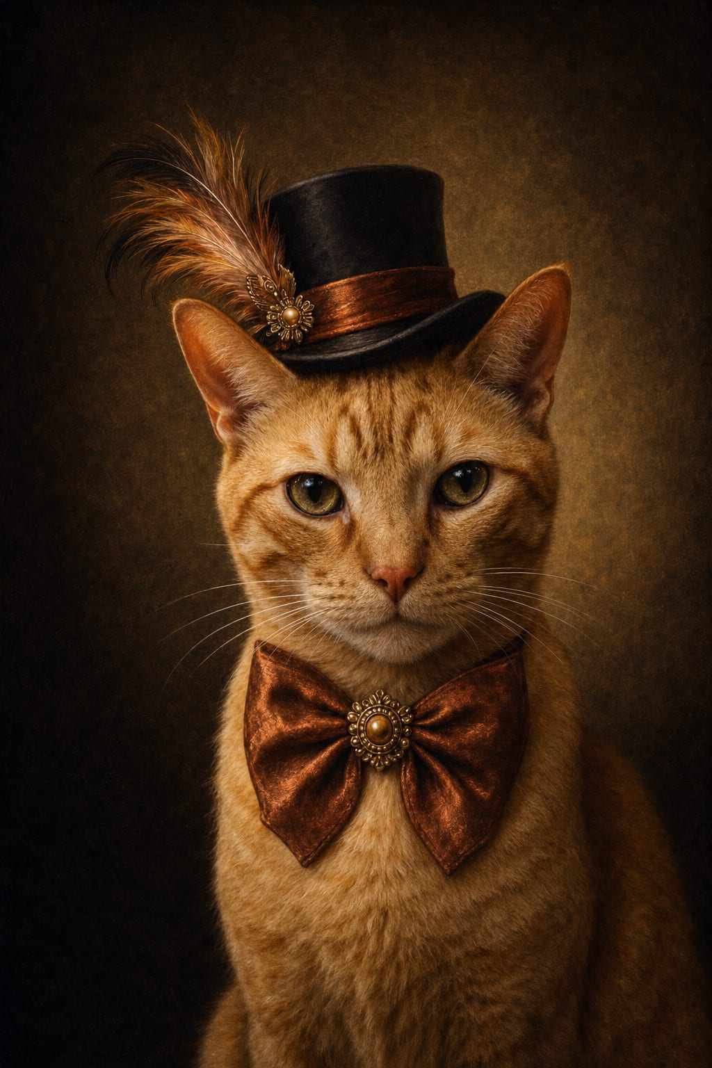Steampunk pet portrait in the Noblesse style with a top hat and copper-bronze bow tie