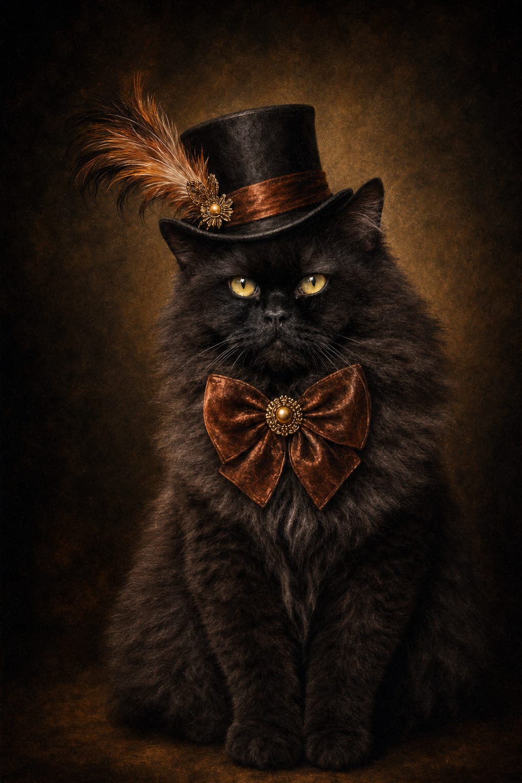 Steampunk cat portrait with brass top hat band and gold jeweled brooch, framed and ready to hang