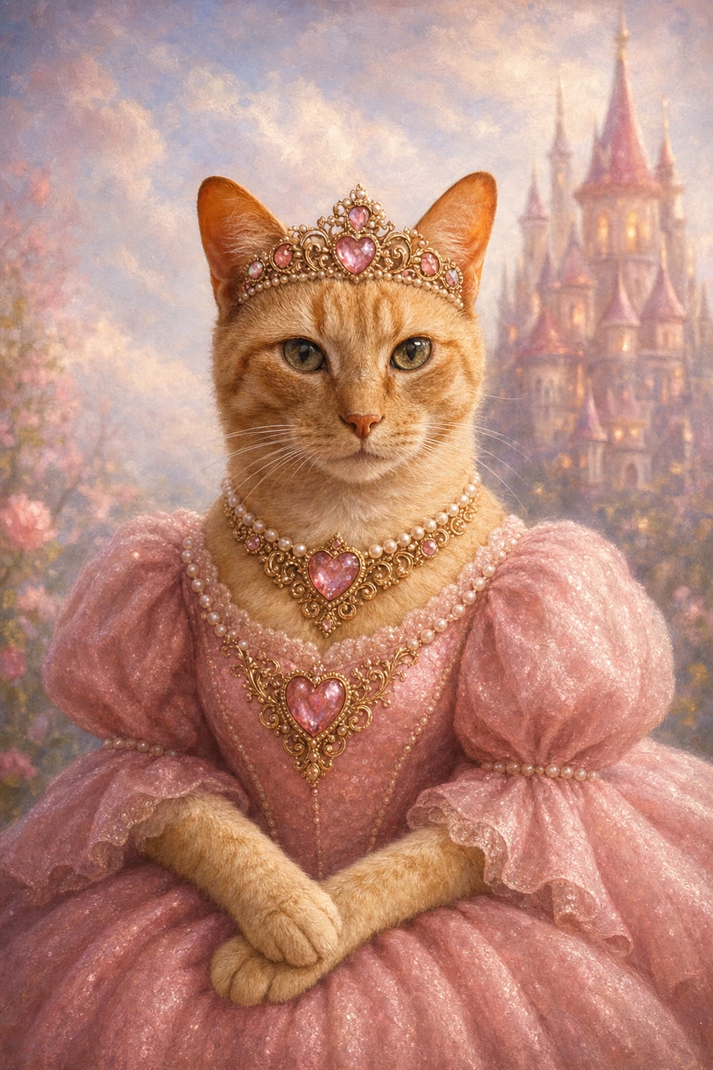 Royal dog portrait of a pet in a pink princess gown and tiara