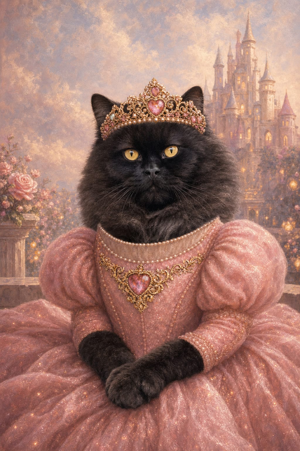 Custom AI princess portrait of a dog in a pearl-bodice ball gown