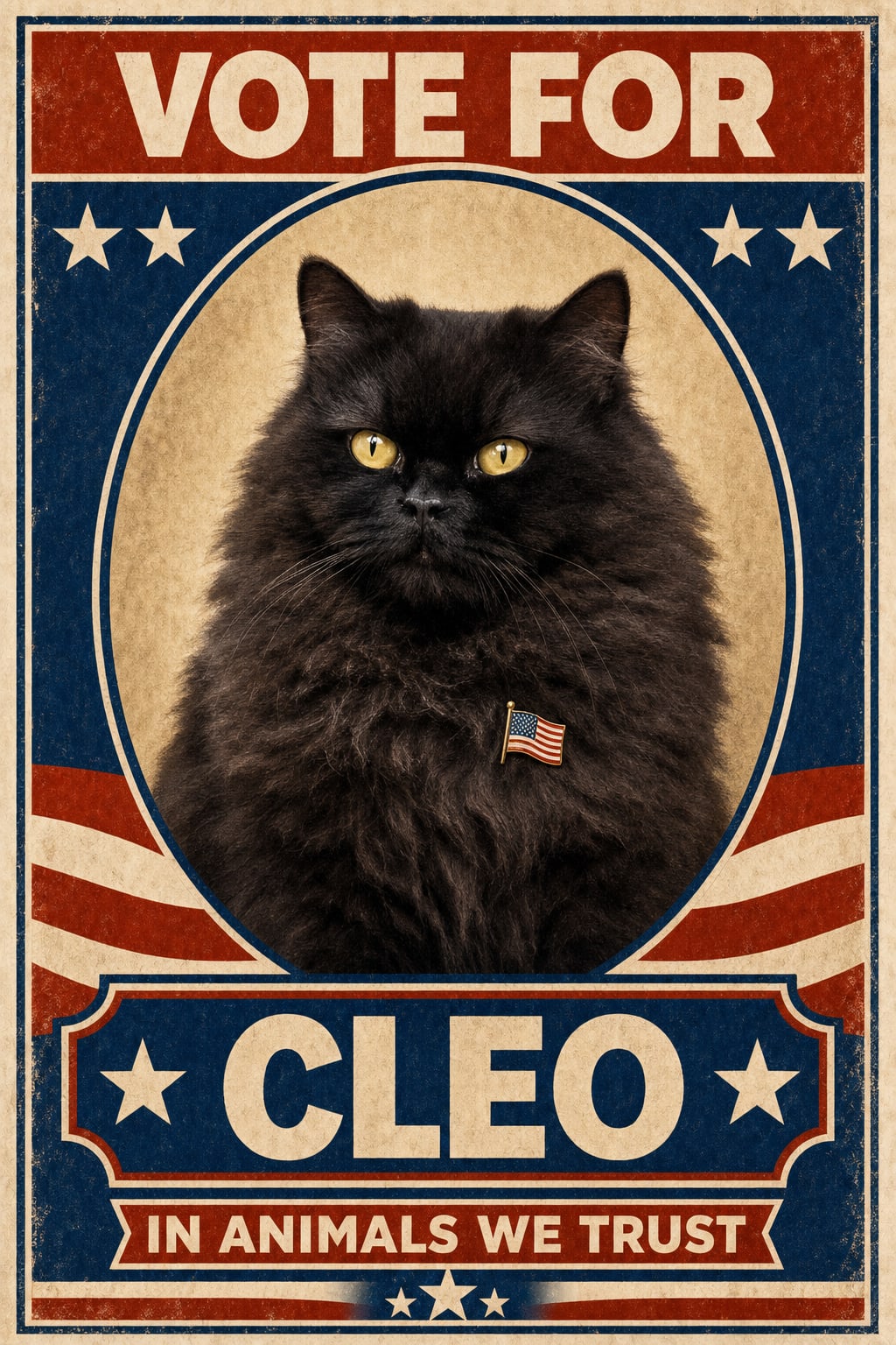Pet campaign poster with a dog in an oval frame under VOTE FOR in bold block letters