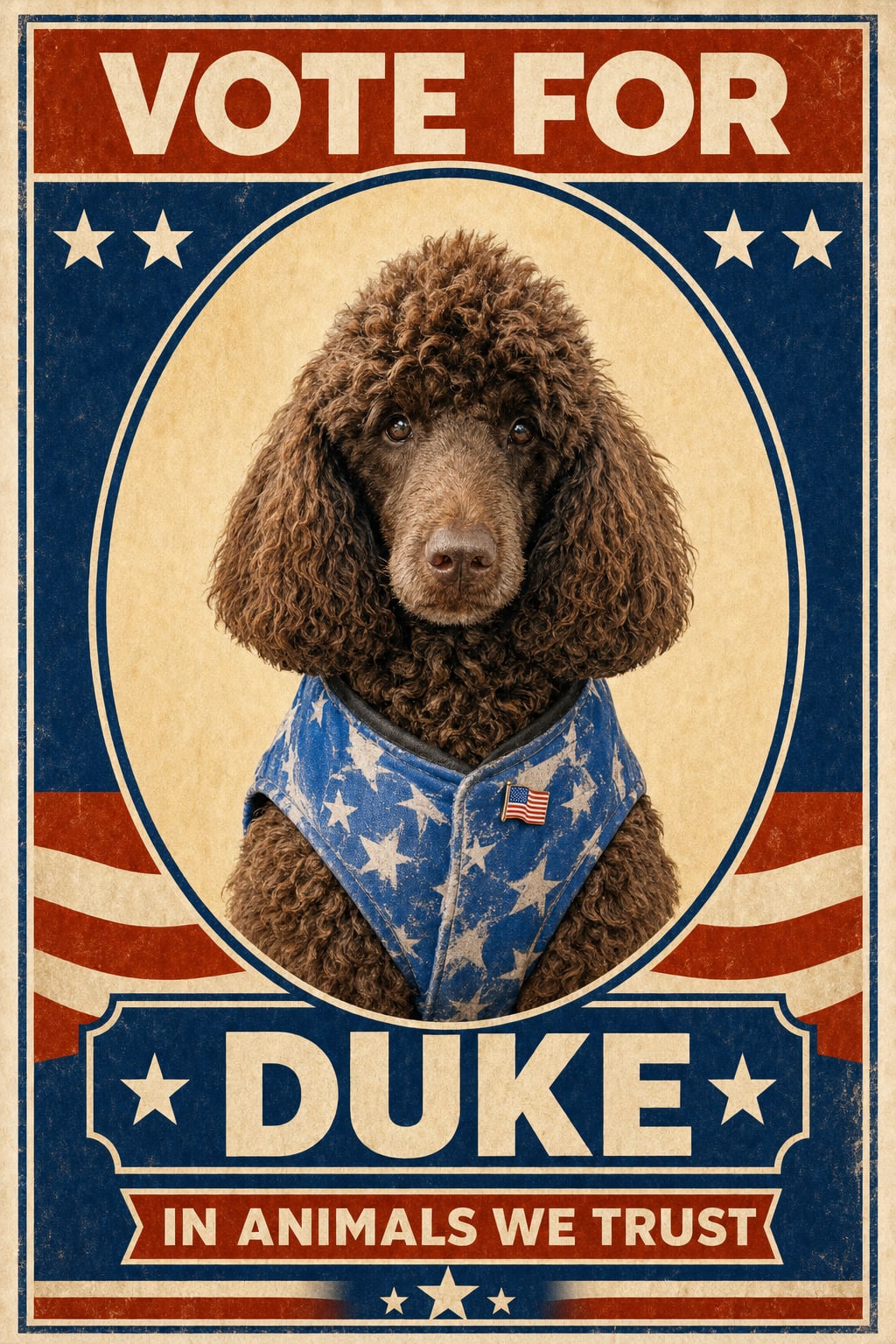 Funny patriotic pet campaign poster made from one photo on distressed retro paper