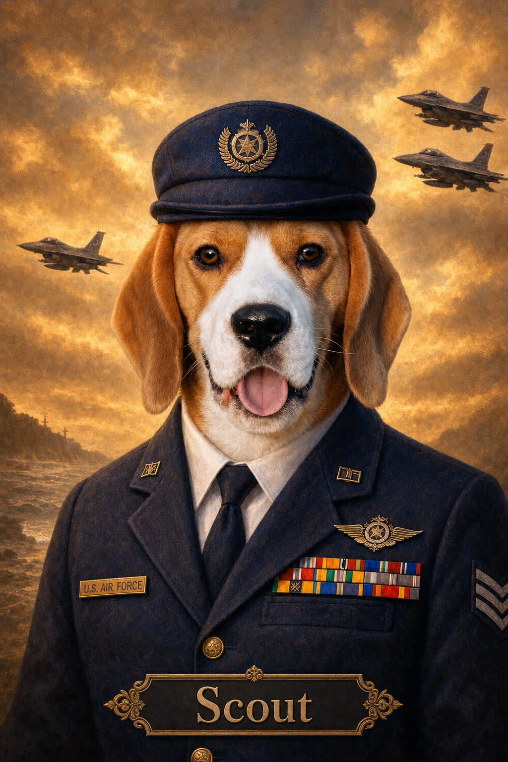 Custom pet portrait of a dog in an Air Force officer uniform under an amber sky