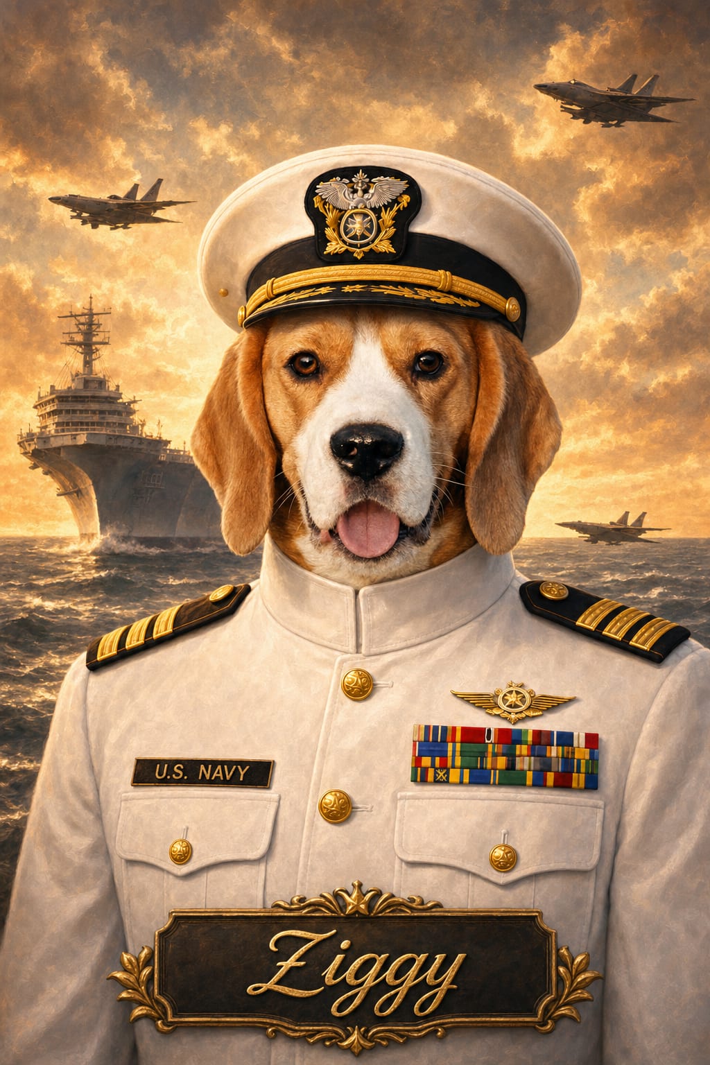 Custom pet portrait of a dog as a Navy officer with an aircraft carrier behind