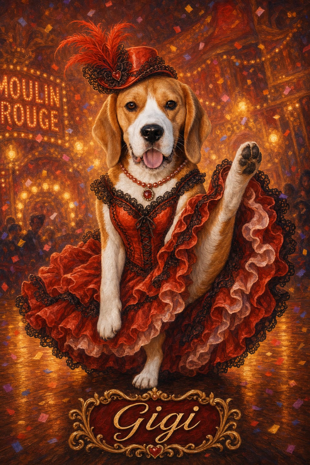 Cat in a red ruffled cabaret dress mid high-kick under warm stage light