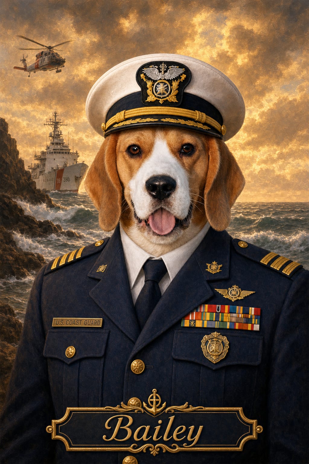 Custom pet portrait of a dog as a Coast Guard officer with a cutter and waves behind
