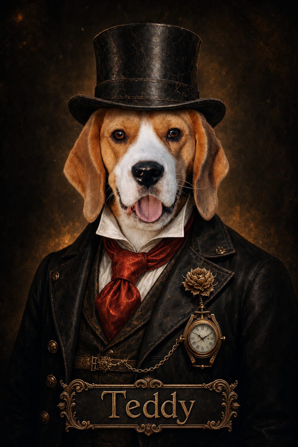 Photorealistic pet portrait with a gold pocket watch and chiaroscuro lighting on an amber background