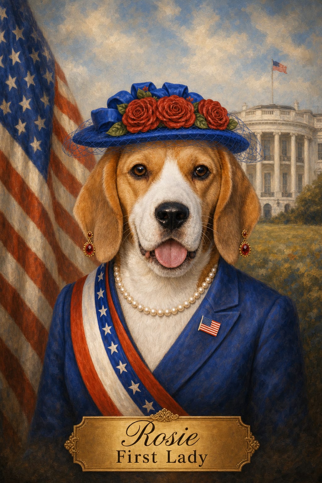 first lady pet portrait of a cat in a blue jacket with American flag pin