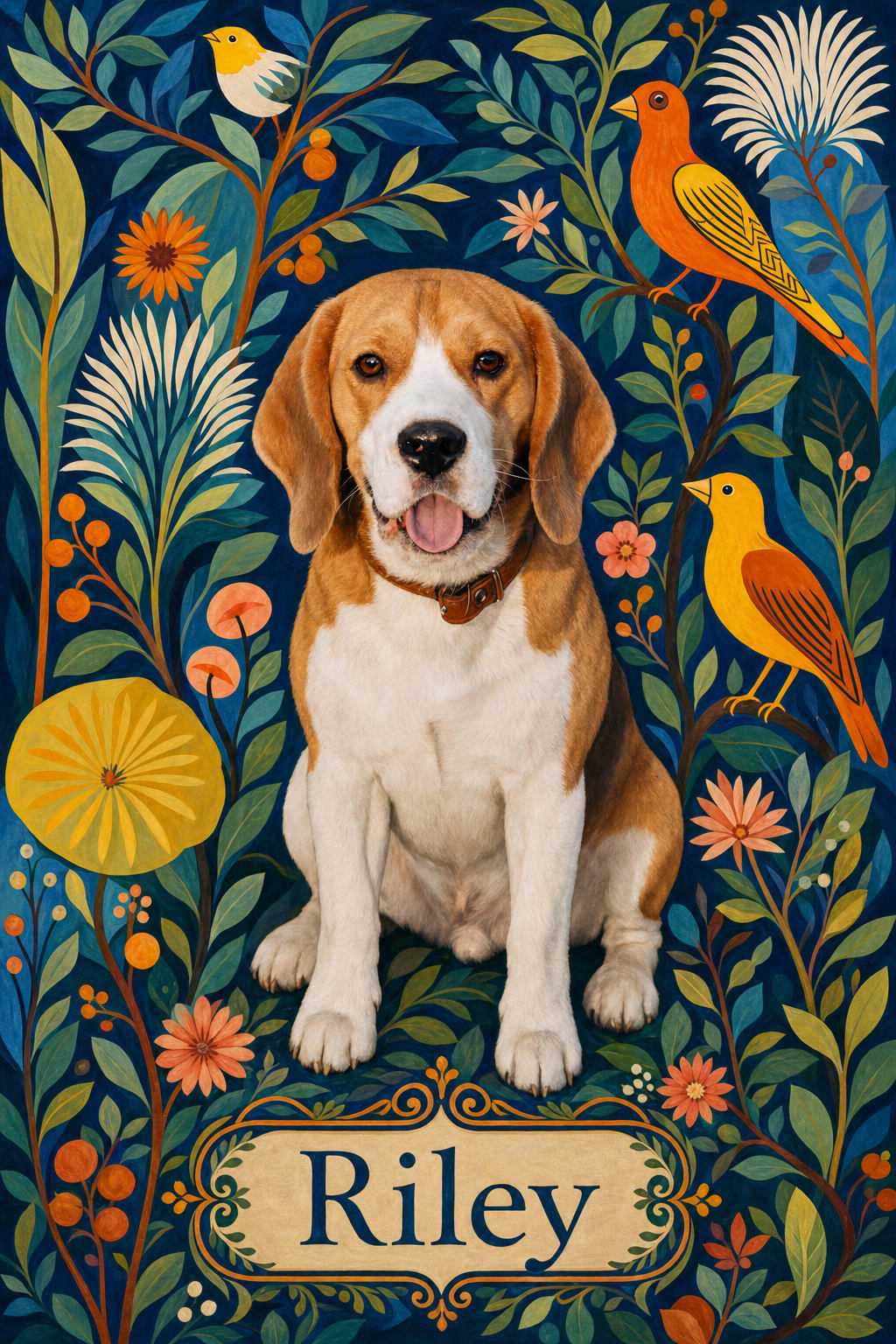 Botanical folk art pet portrait with bold outlines and emerald, navy, and coral tones