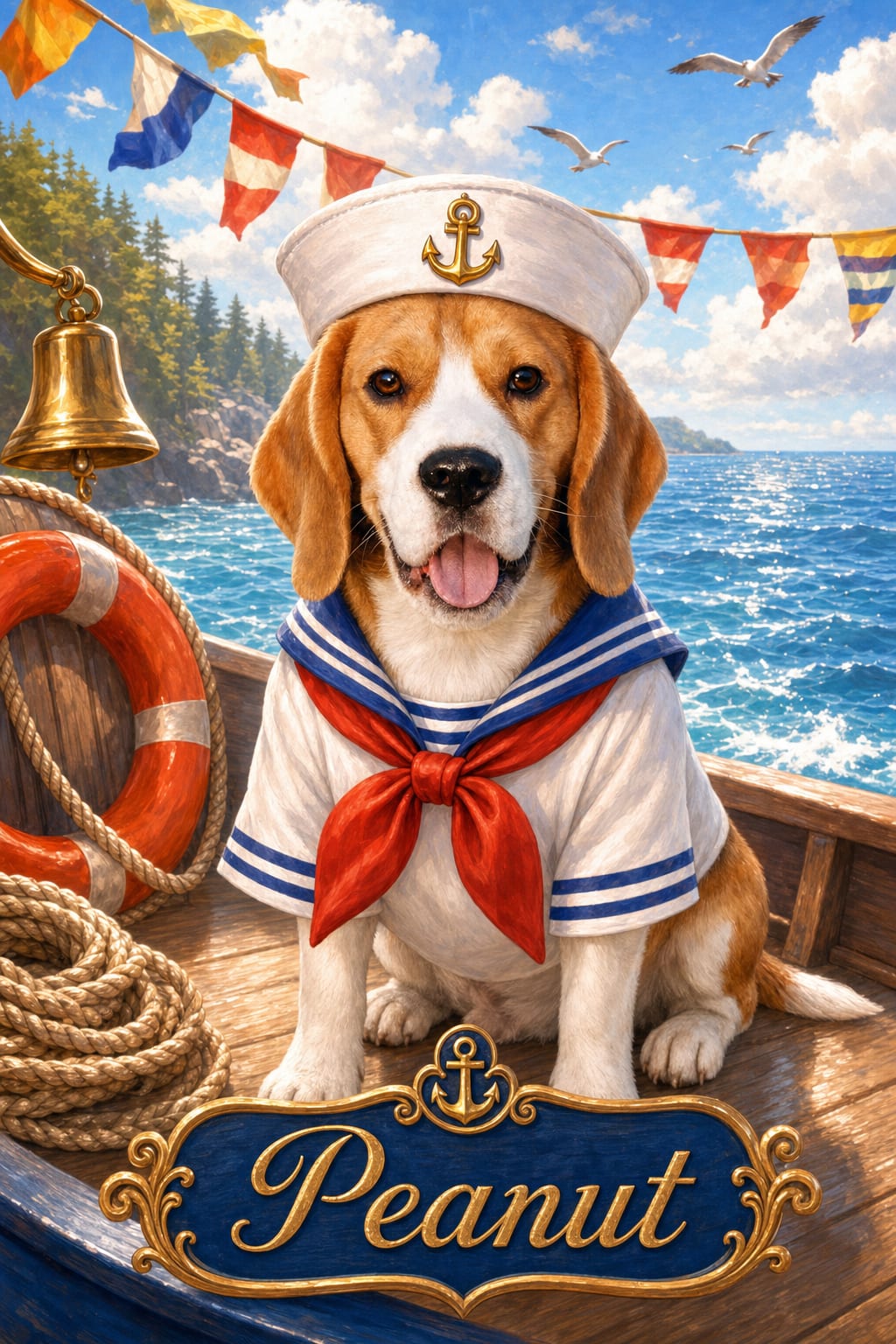 Nautical pet portrait with a red neckerchief, brass bell, coiled rope, and seagulls