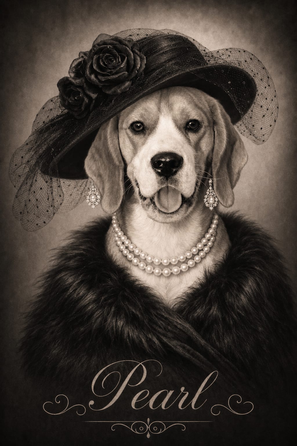 Old Hollywood glamour pet portrait with a dog and diamond drop earrings in soft charcoal lighting