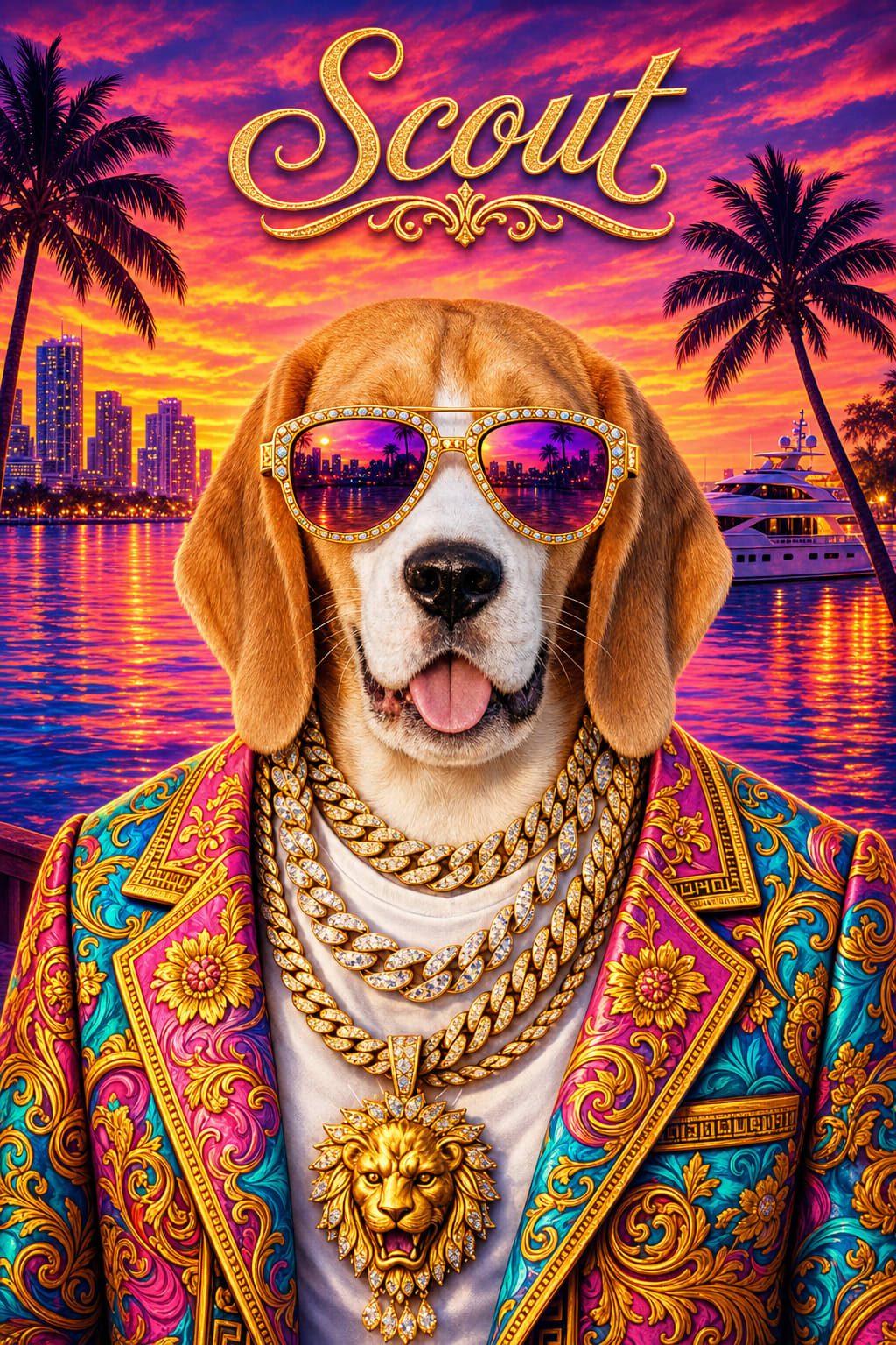 Cat in a baroque designer jacket with a lion medallion and diamond sunglasses in Miami