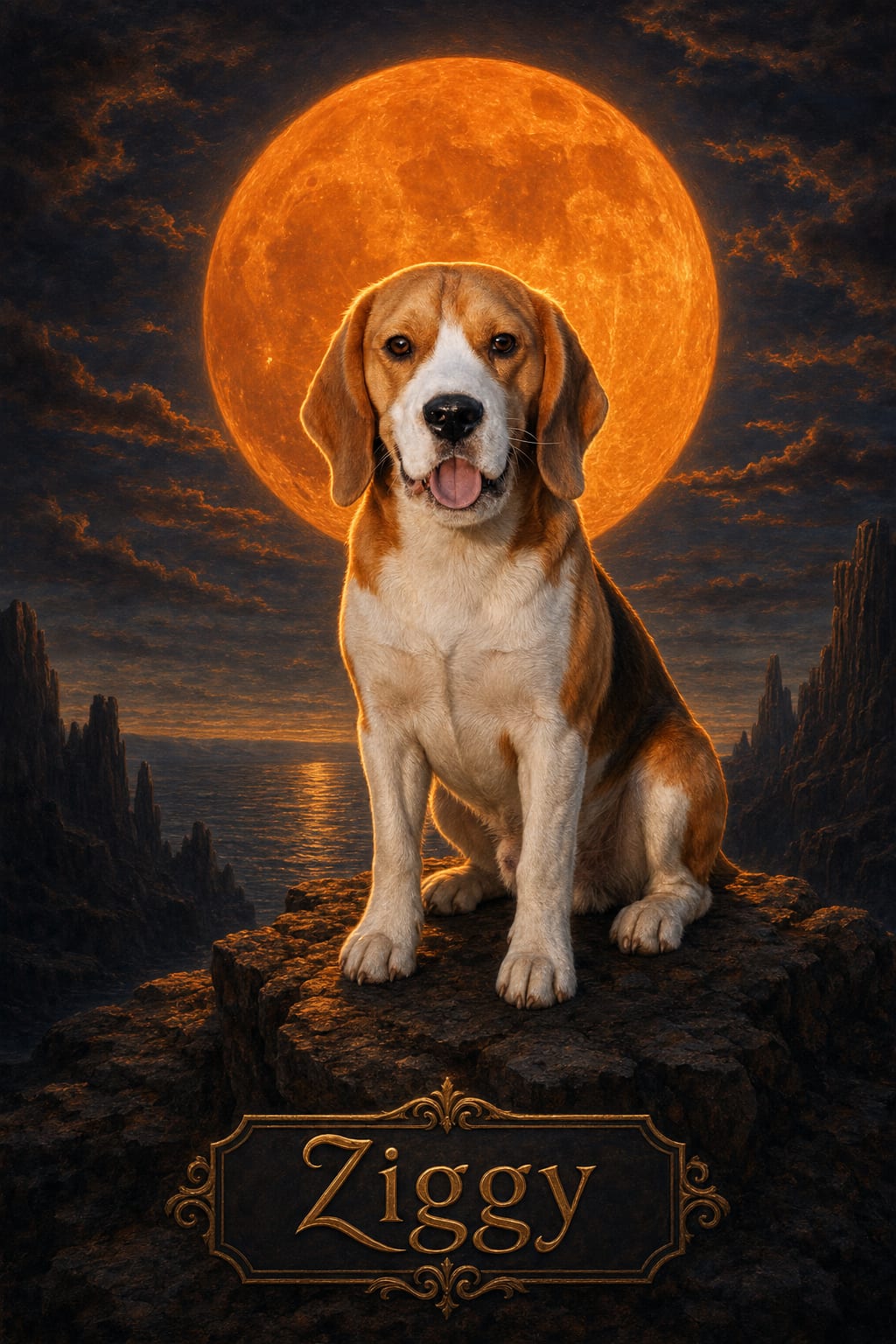 Cinematic moonlit dog portrait on a cliff edge with golden-orange rim light