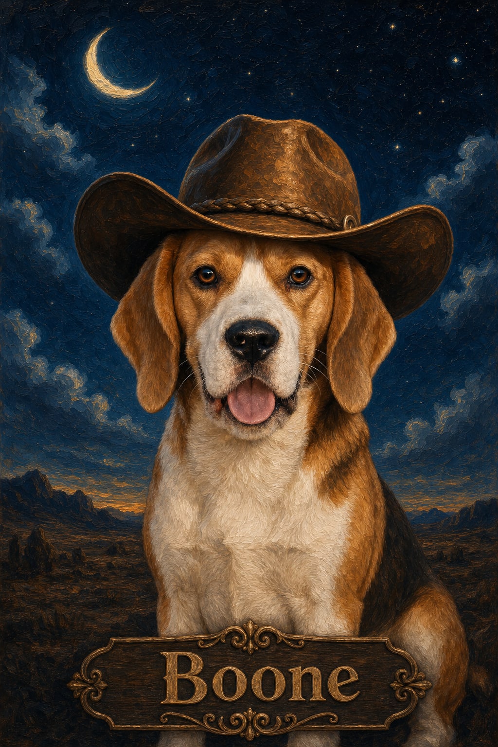 Cowboy dog portrait in oil-painting style with a weathered leather hat