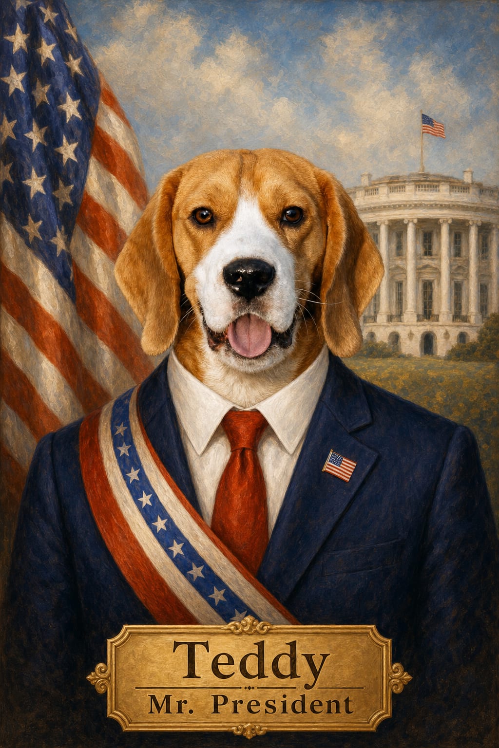 president pet portrait of a cat with American flag pin and sash