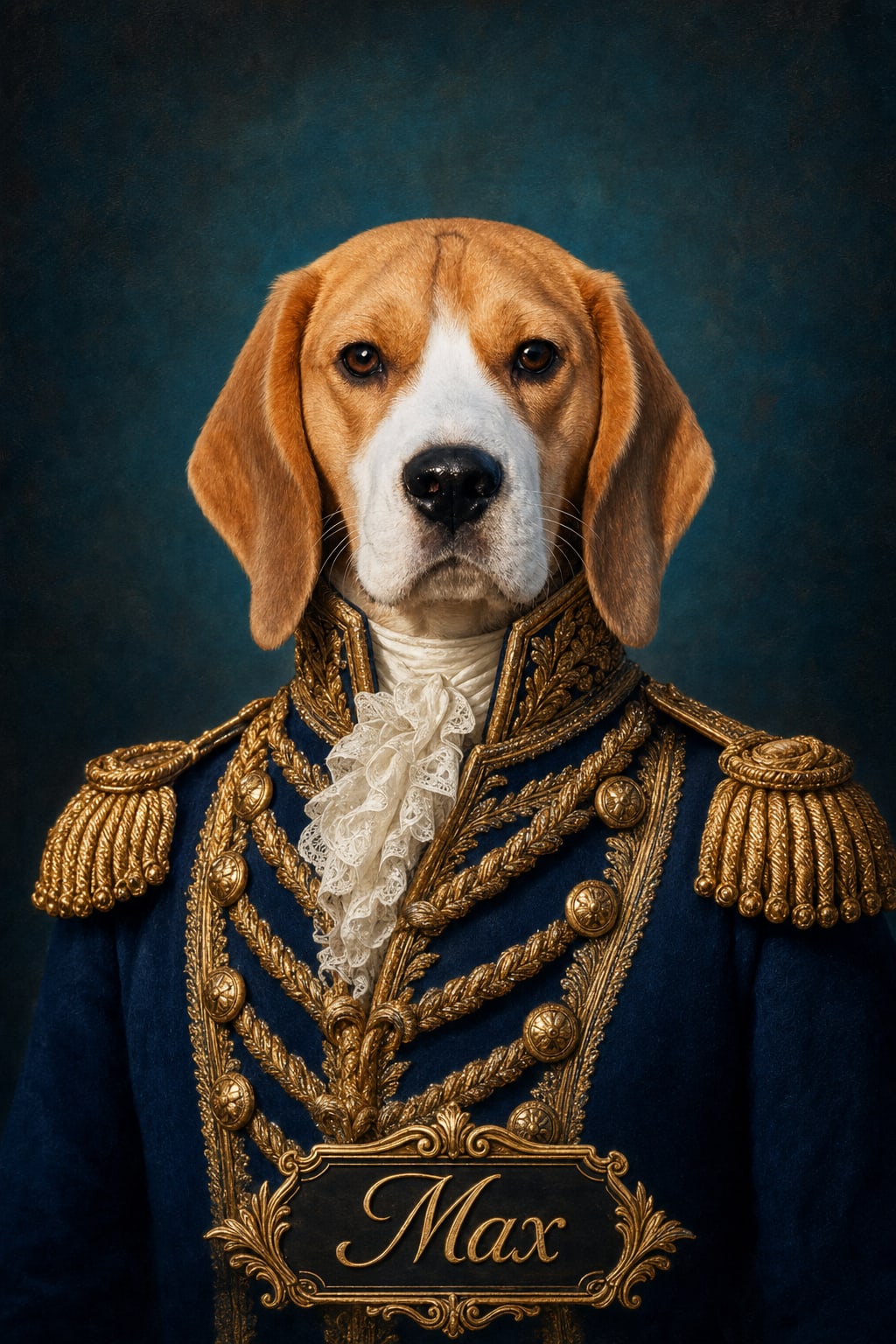 Military pet portrait with gold epaulettes, buttons, and a white ruffled cravat