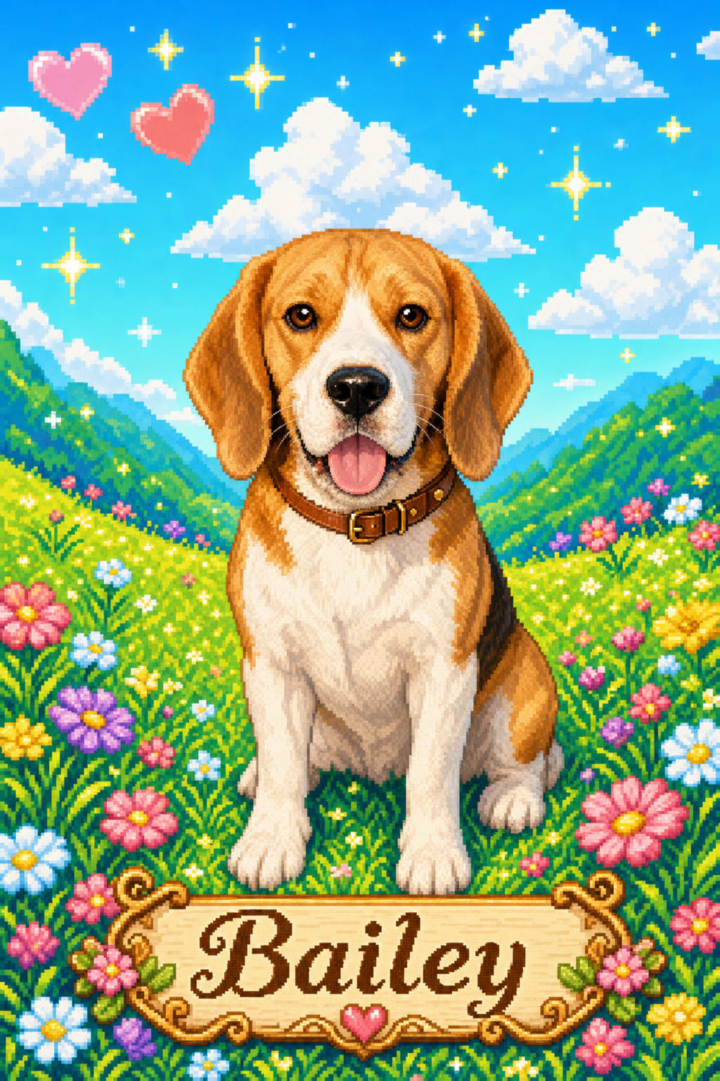 8-bit pixel art cat portrait with blue sky, clouds, and floating hearts