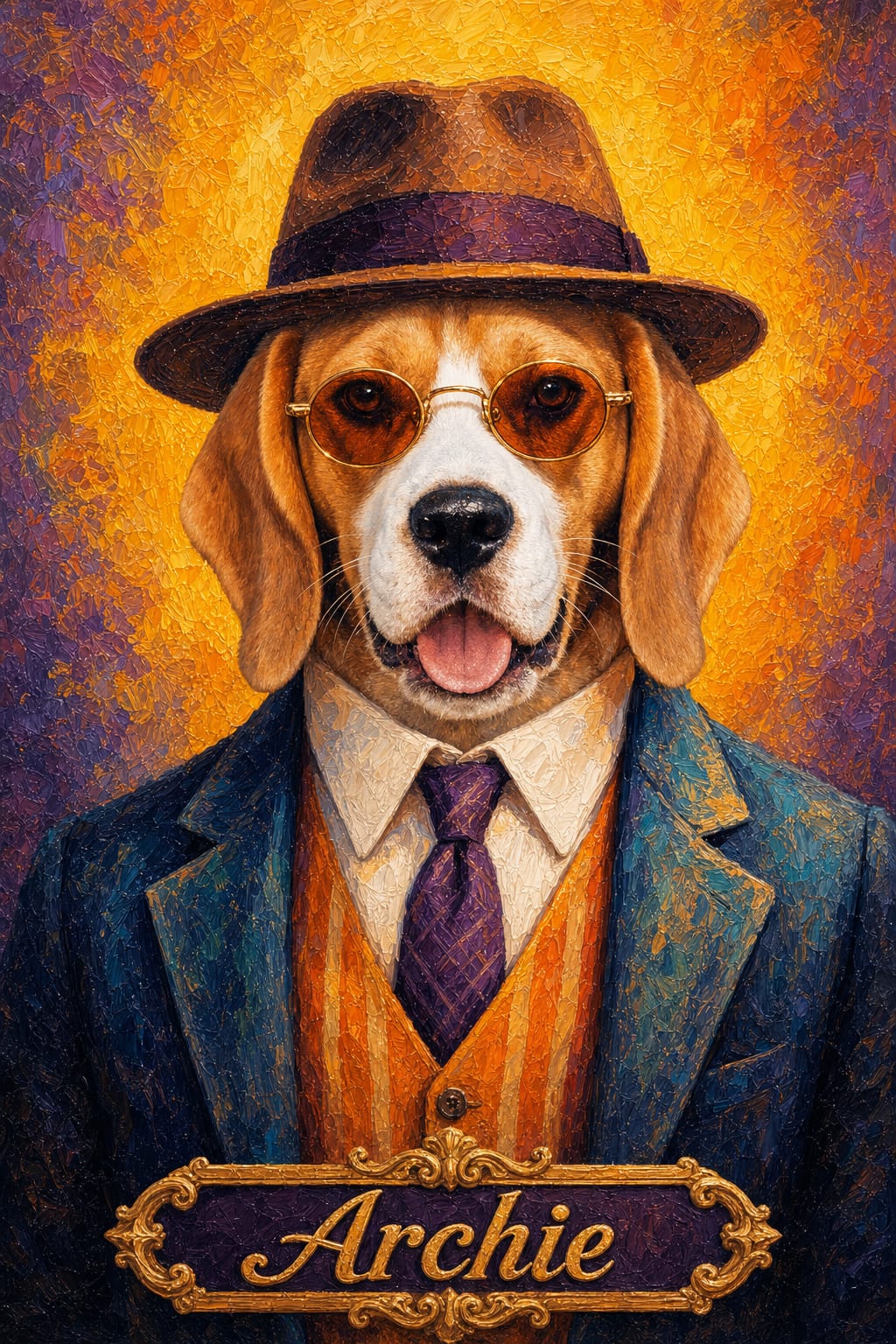 Cat in a layered suit with orange vest and purple tie in thick palette-knife texture