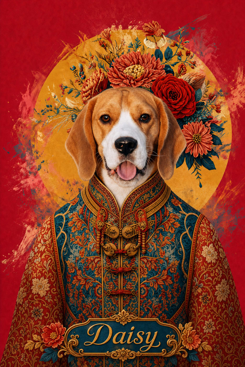 Cherry-blossom style pet portrait with a dog wearing a crown of red flowers and golden leaves