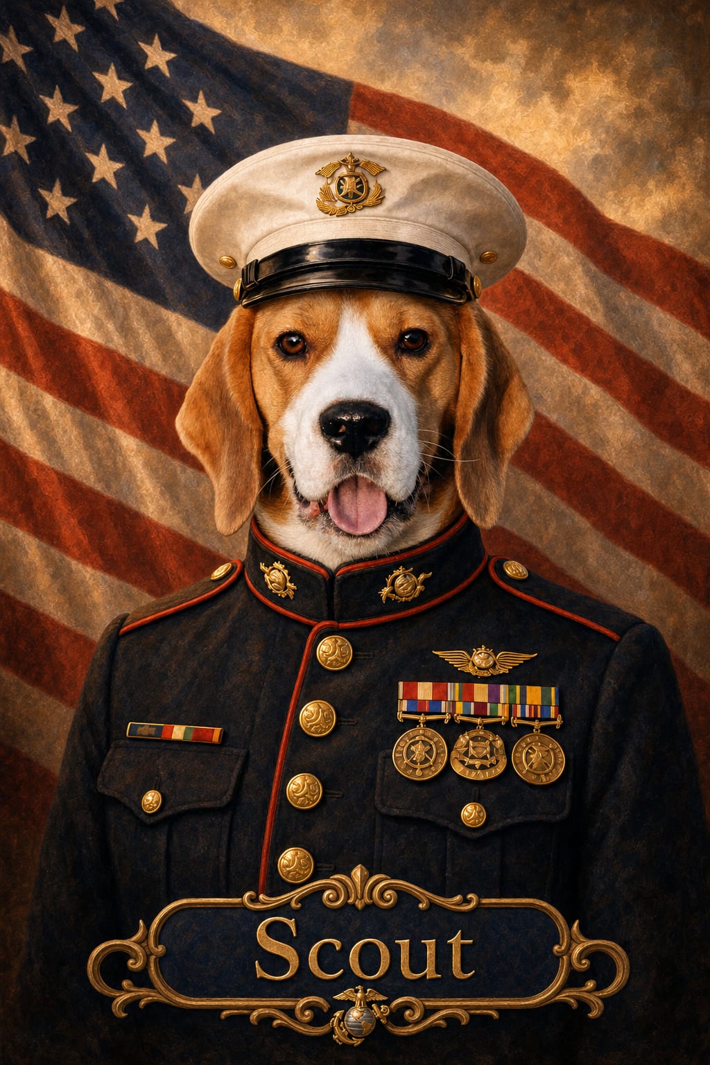 Custom pet portrait of a dog as a US Marine with a weathered flag behind
