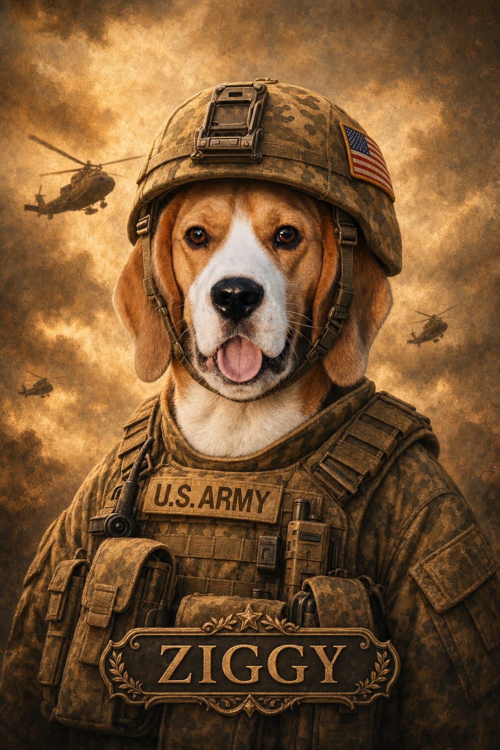 Military pet portrait with an American flag patch and amber wartime sky with helicopters