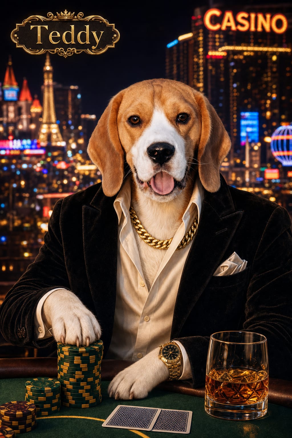 Cat in a black velvet suit at a Vegas casino table with the neon strip behind